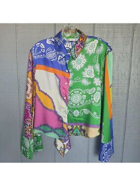 Zara Satin Patchwork Paisley Scarf Print Top Tie Front Multicolor Dopamine Sz. S